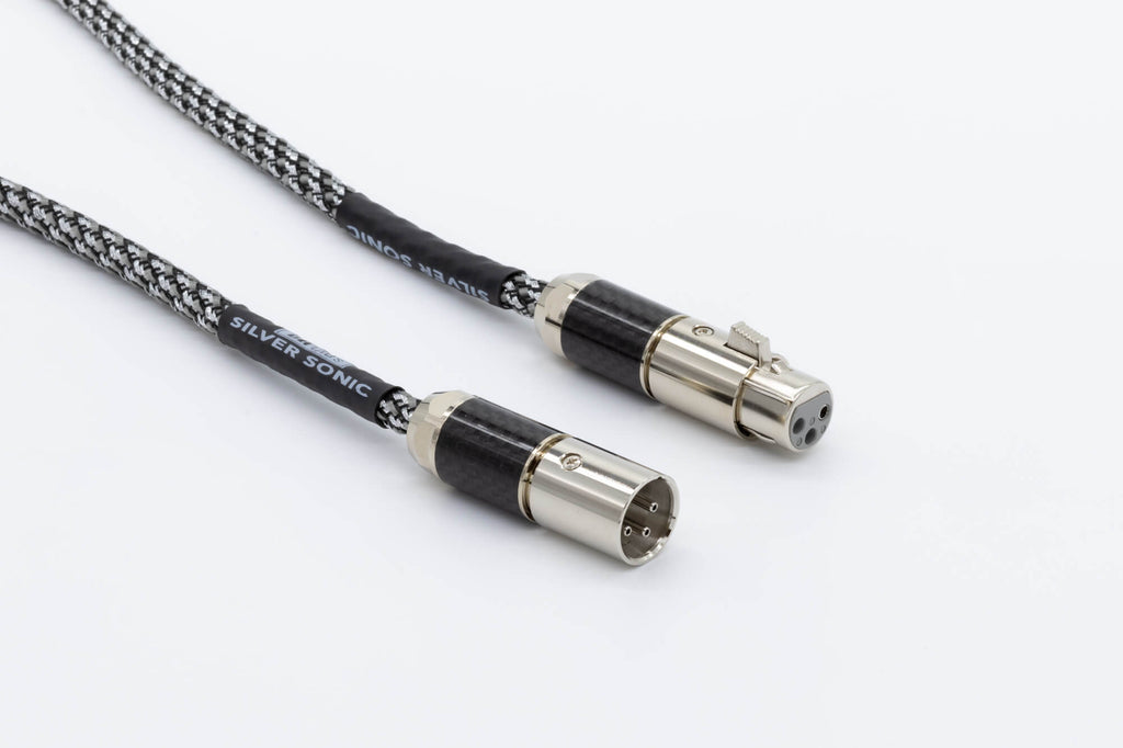 Two silver braided cable ends with metal plugs, black insulators, and gold rings