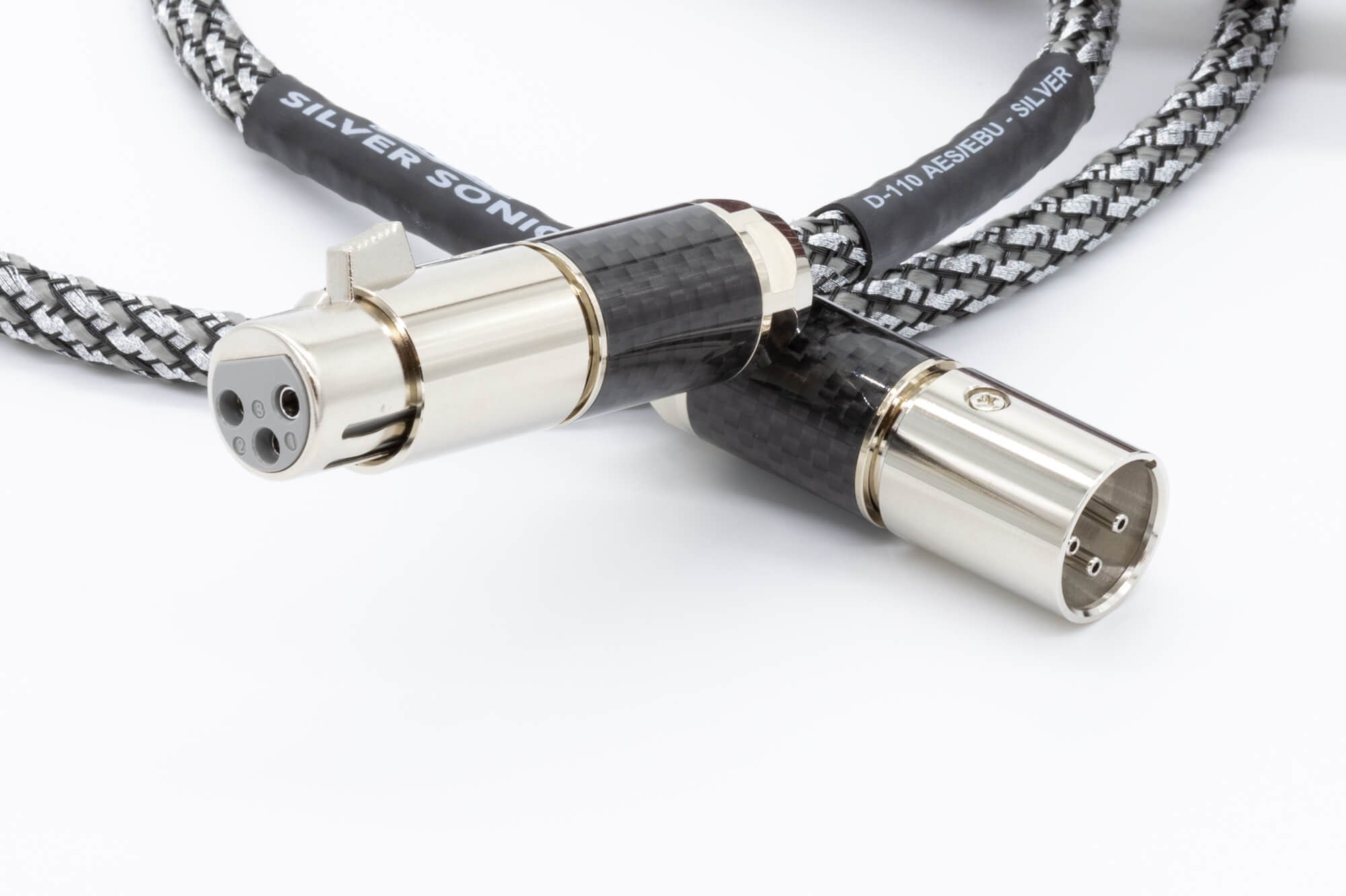 Silver braided digital audio cable with metal connectors and black sleeve at crossover