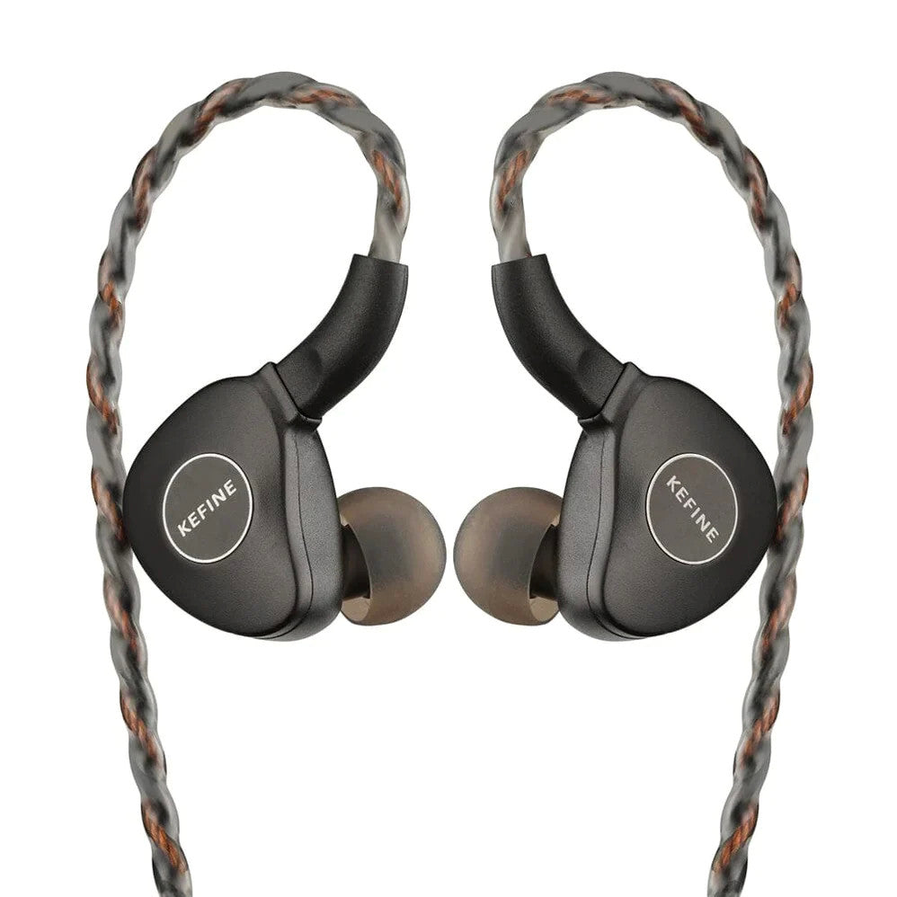 KEFINE Klanar in-ear headphones with black shells and dark gray silicone ear tips