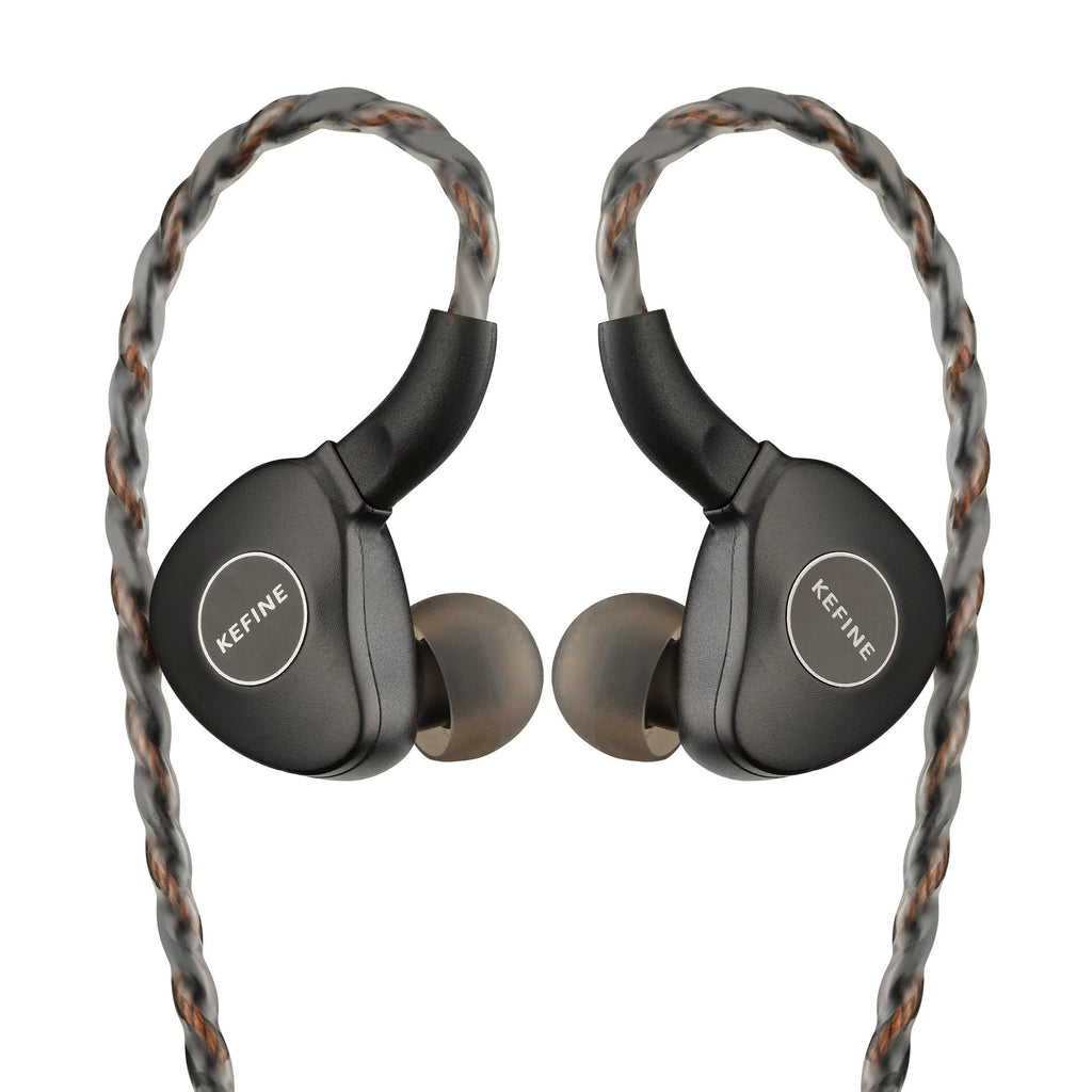 KEFINE Klanar in-ear headphones, two earbuds facing front with black shells and silicone tips