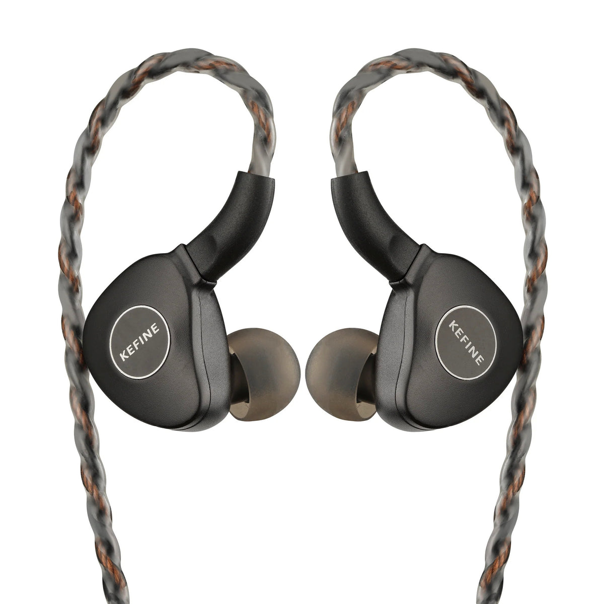 KEFINE Klanar in-ear headphones, two earbuds facing front with black shells and silicone tips