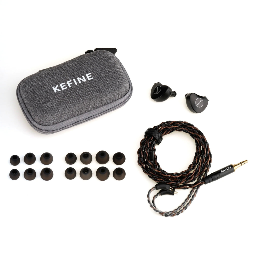 KEFINE Klanar accessory set: gray case, extra tips, and braided headphone cable