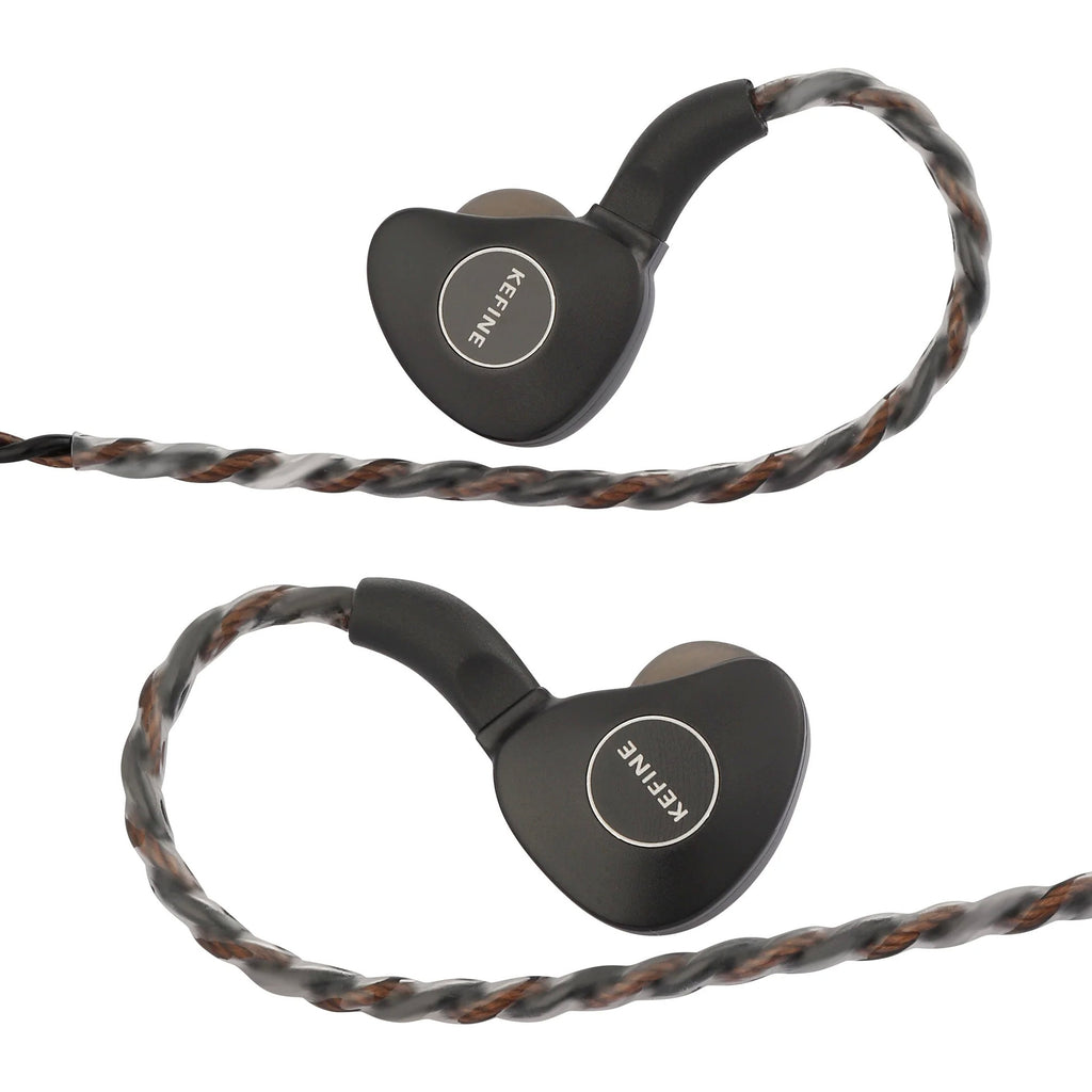 KEFINE Klanar in-ear headphones showing earbuds and braided cable with dark gray tips