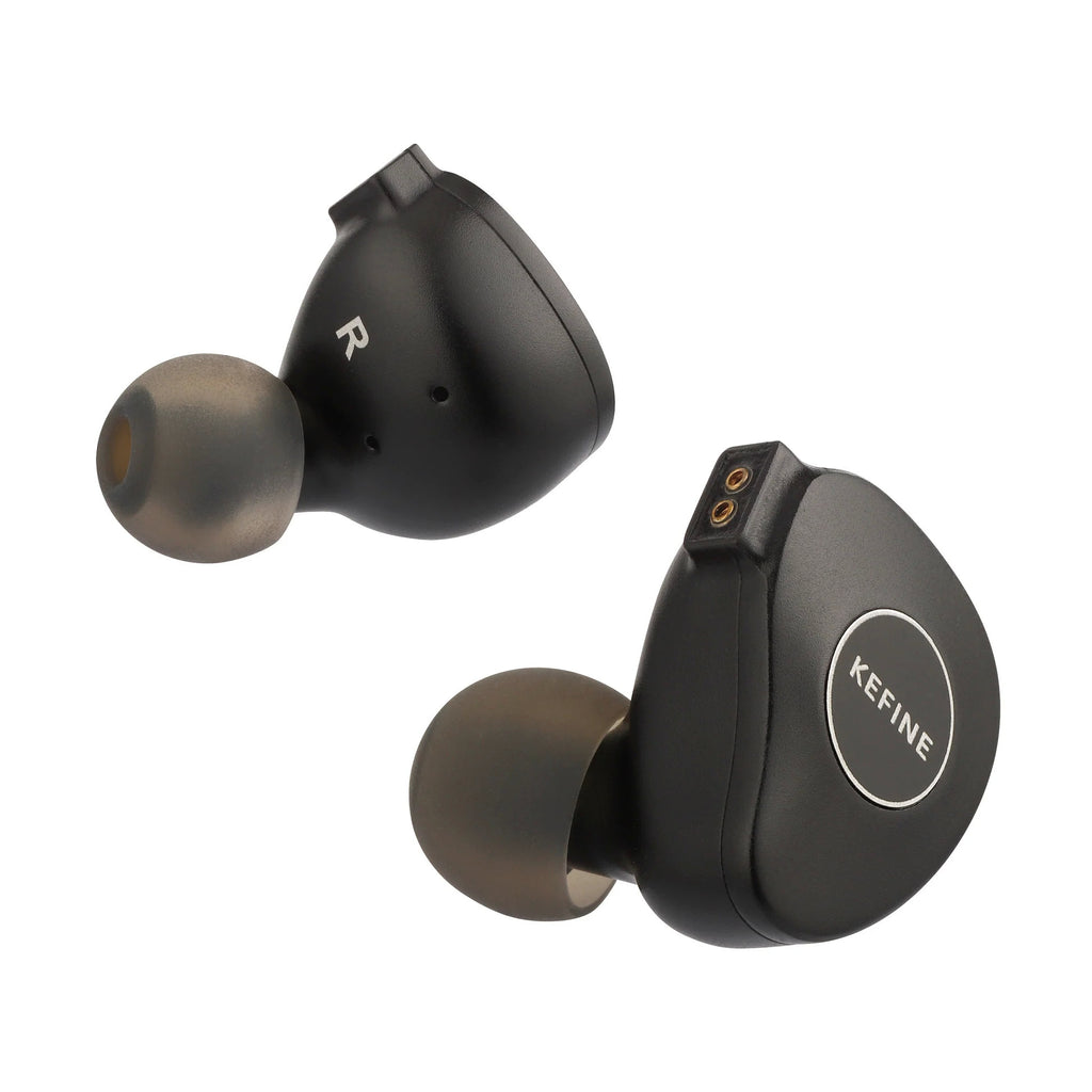 KEFINE Klanar in-ear headphones close-up of right and left earbuds with port details