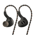 KEFINE Klanar in-ear headphones front view, black shells with braided cable and ear tips