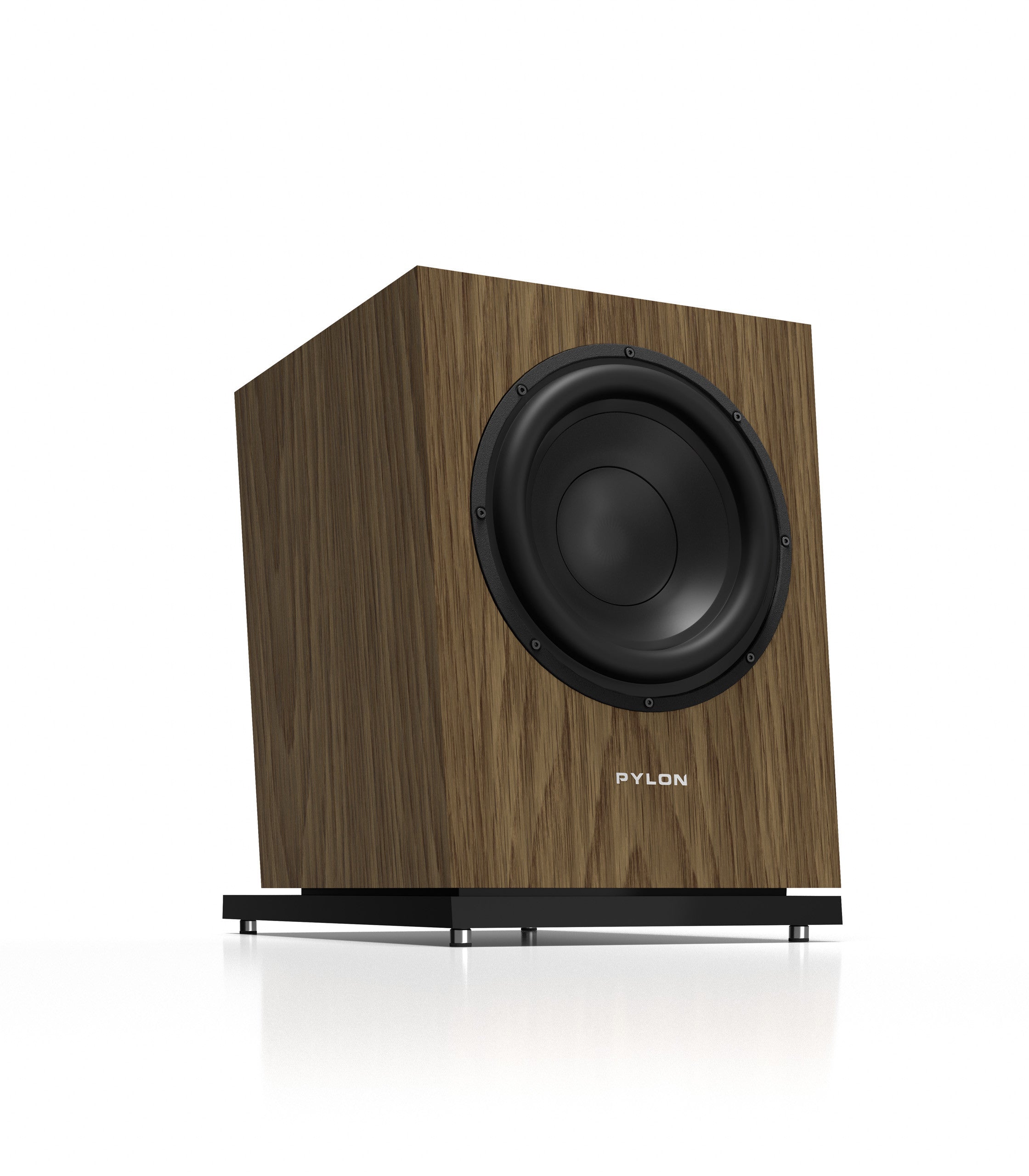 Natural wood subwoofer speaker with front woofer and PYLON logo on cabinet