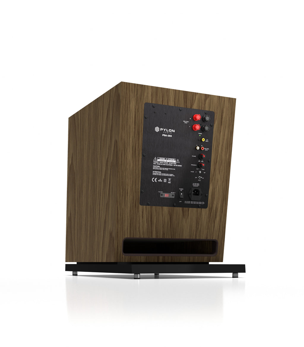 Natural wood subwoofer front woofer and side/rear profile on stand