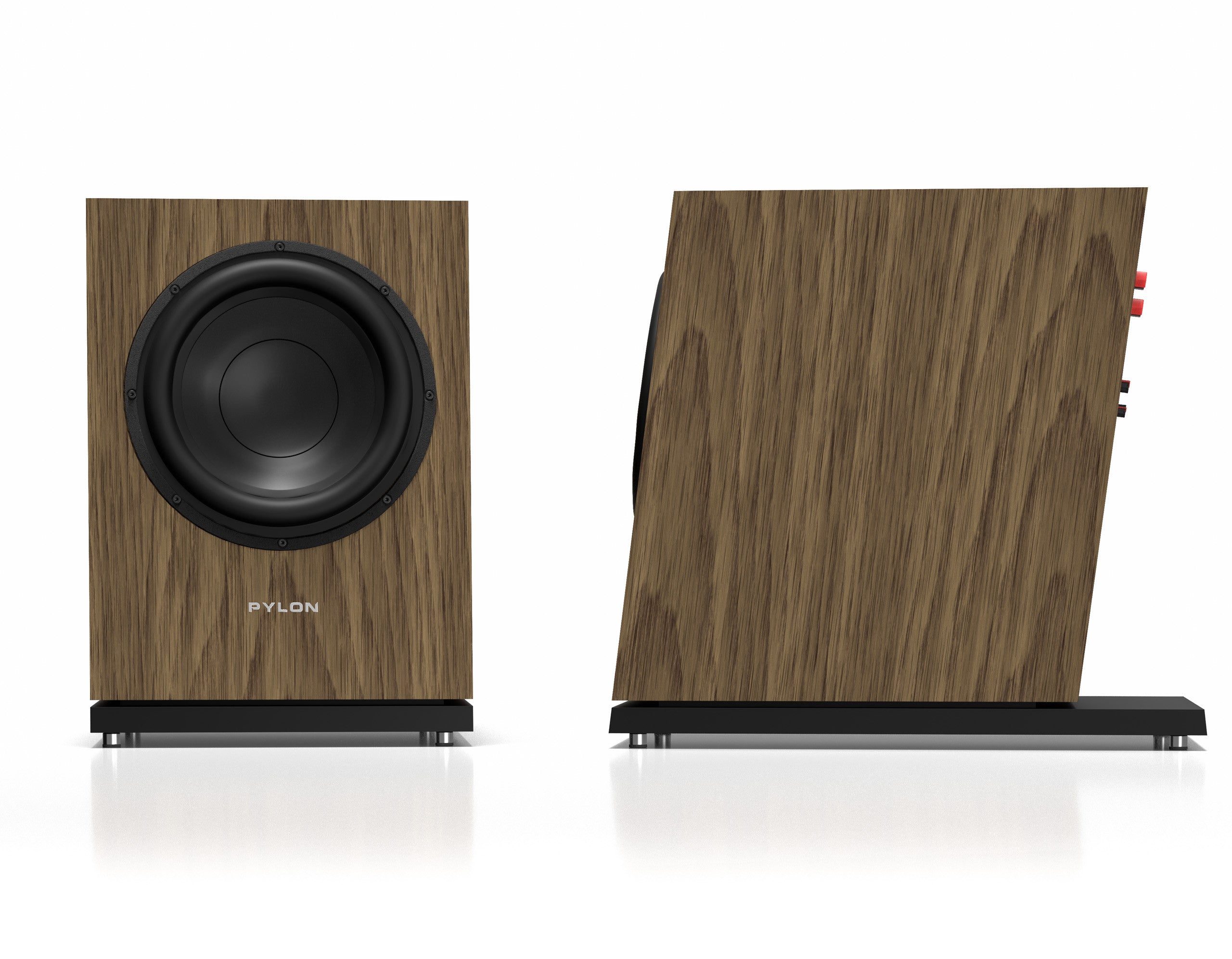 Brown wood subwoofer with front woofer and PYLON logo on cabinet