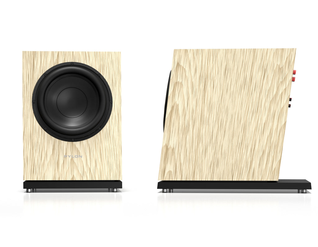 Light beige wood subwoofer with front woofer and PYLON logo on cabinet