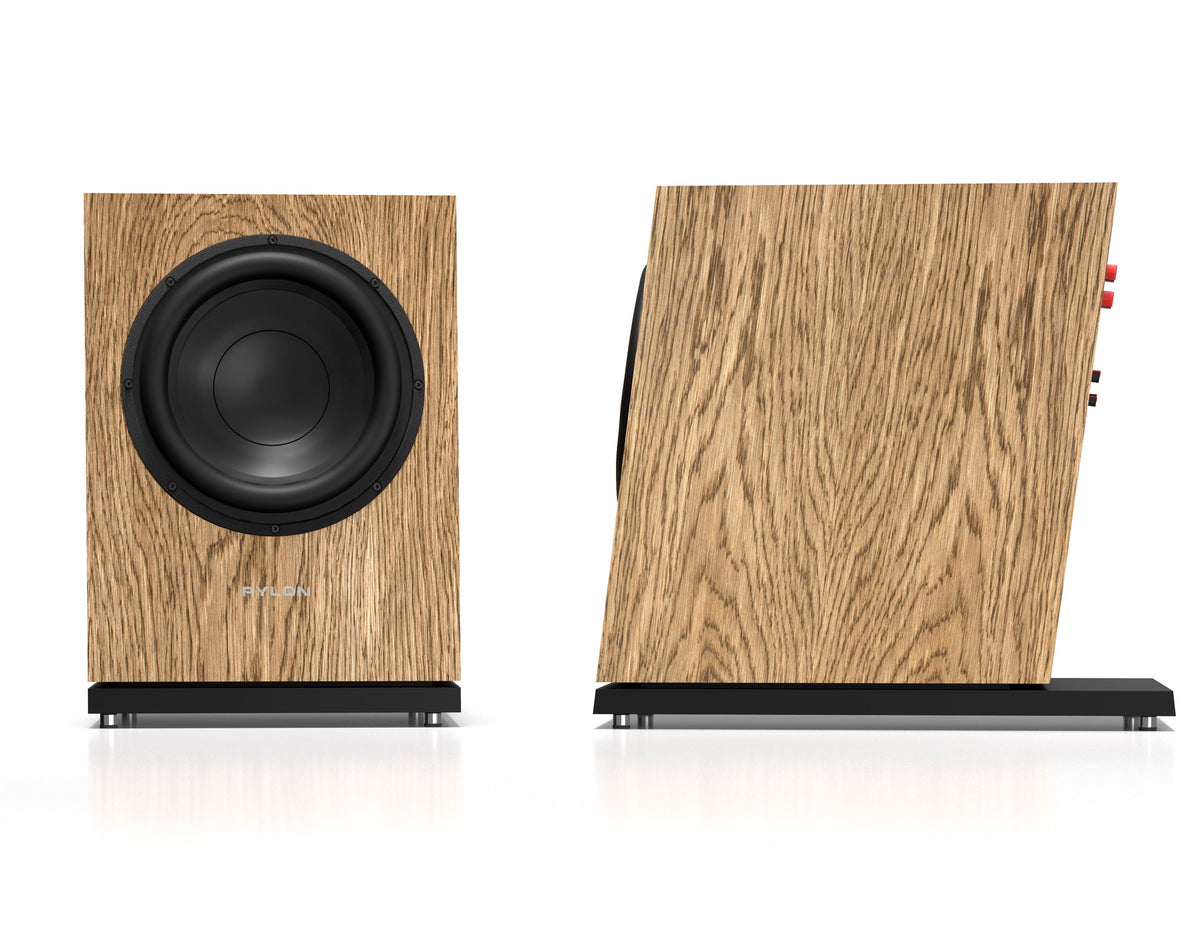 Natural wood Diamond subwoofer showing front driver and side profile