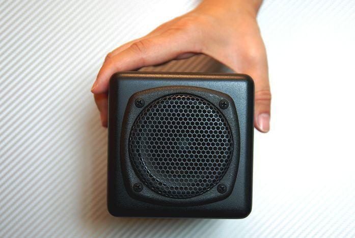 Black square speaker with circular metal mesh grille and corner screws
