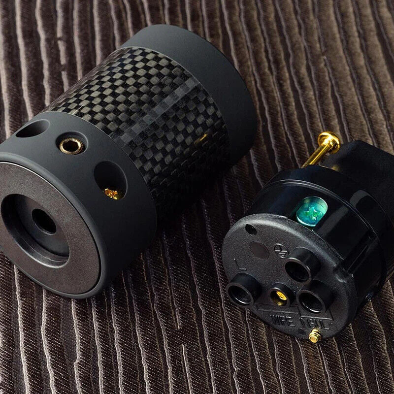 Carbon-fiber IEC socket with gold terminals and green indicator window