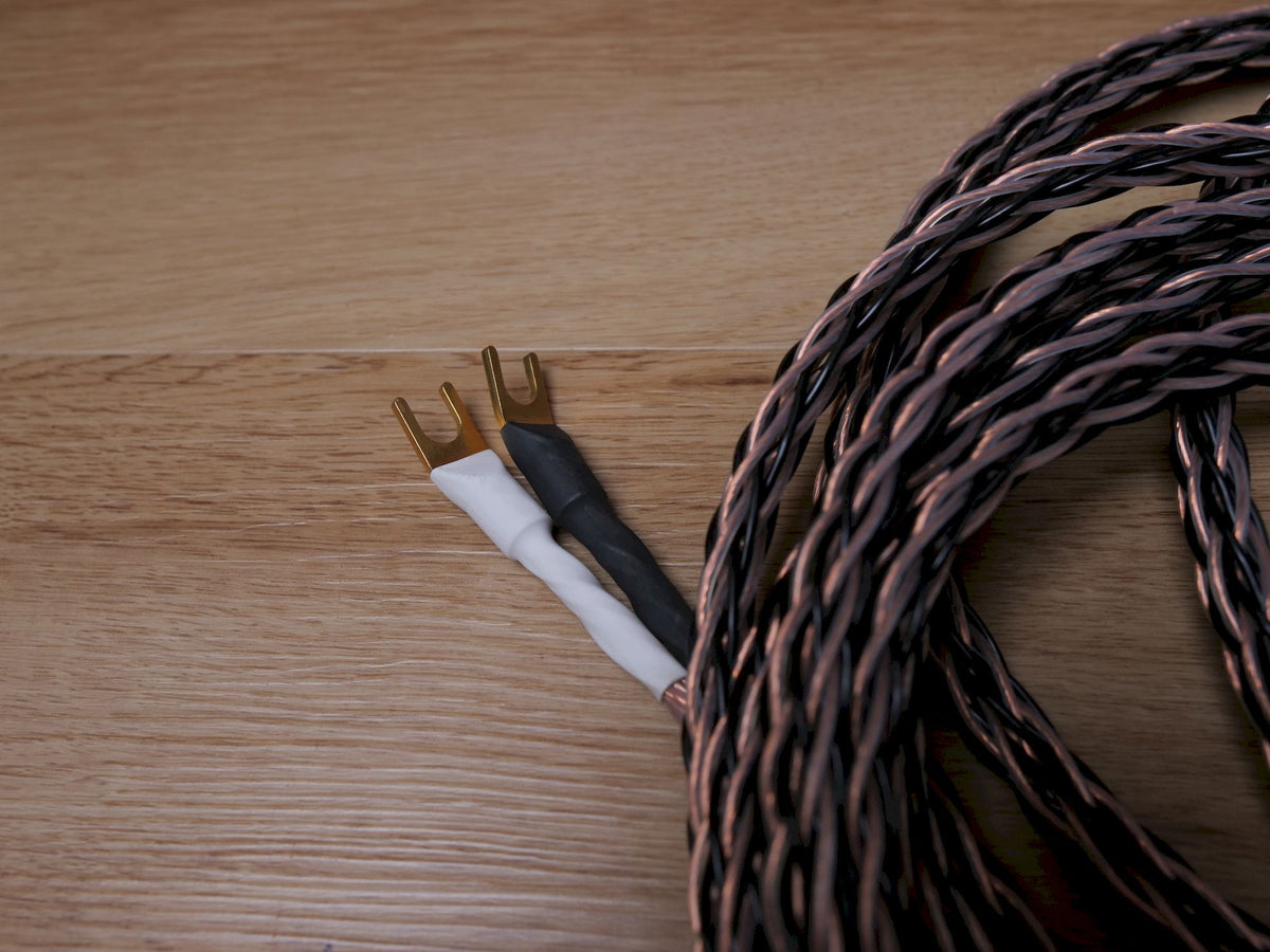 Speaker cable coil with two gold banana plug ends and black-and-white insulation