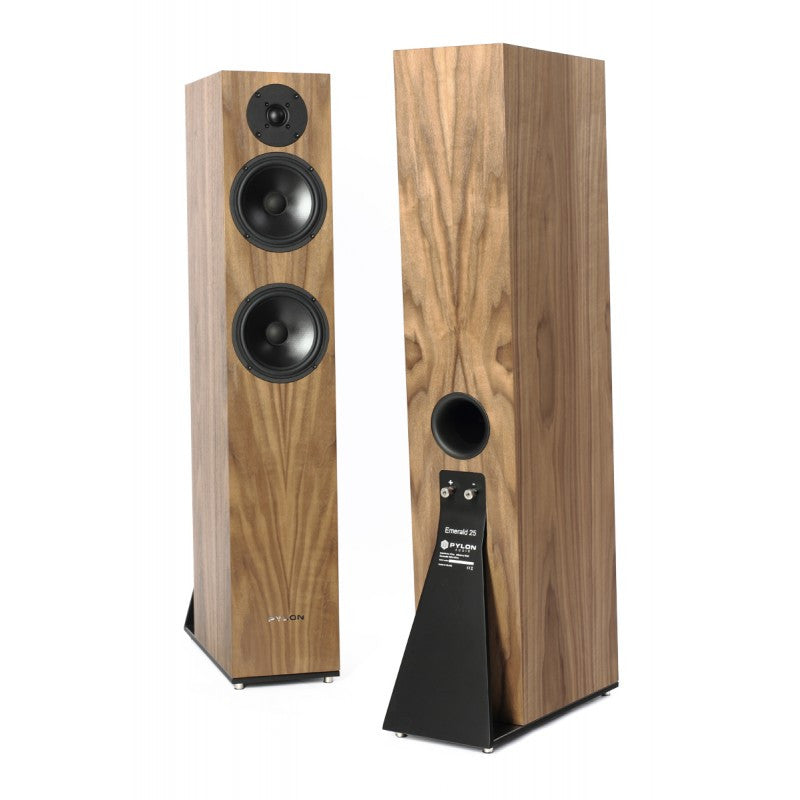 Pylon Audio Emerald 25 floorstanding speakers rear view with black port and rear label