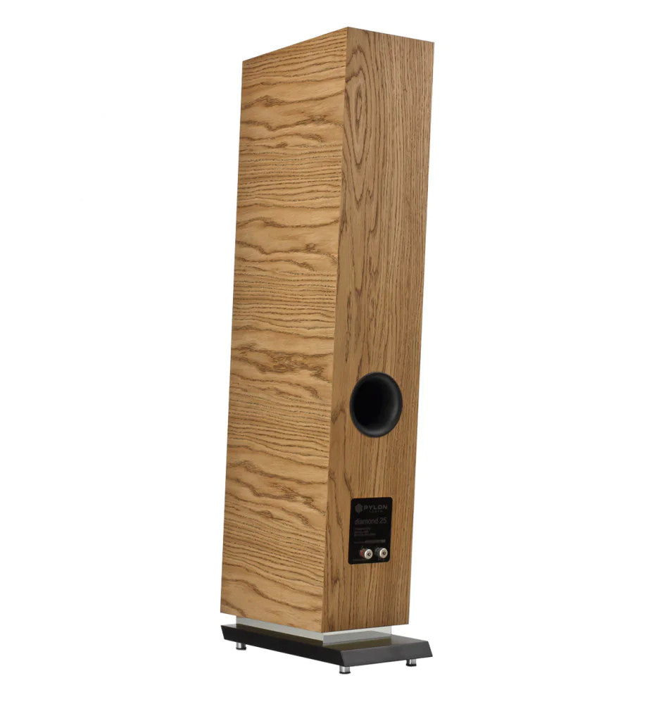 Wood bookshelf speaker with rear port opening and label, standing on a base