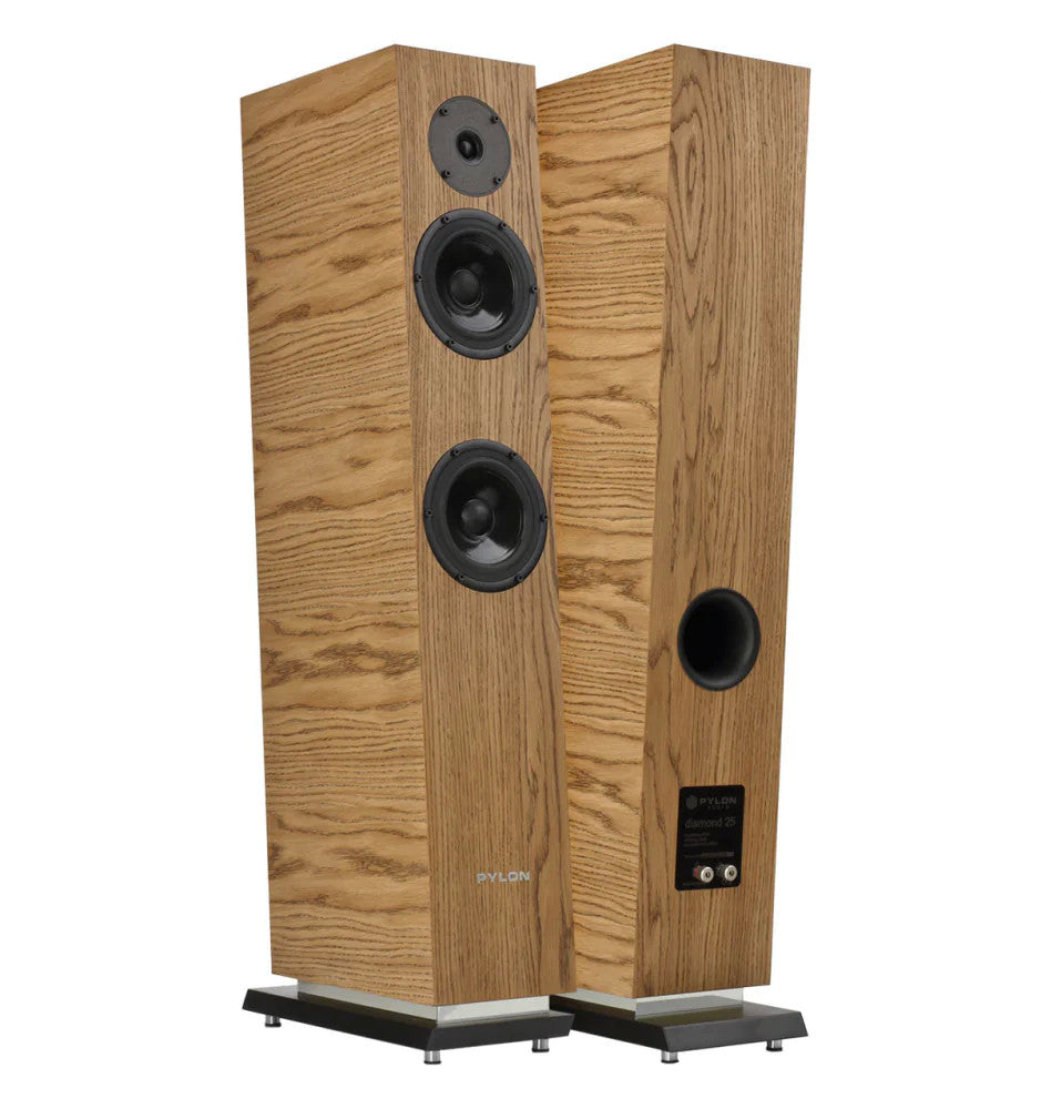 Pair of oak-finish bookshelf speakers with three black drivers and a rear port