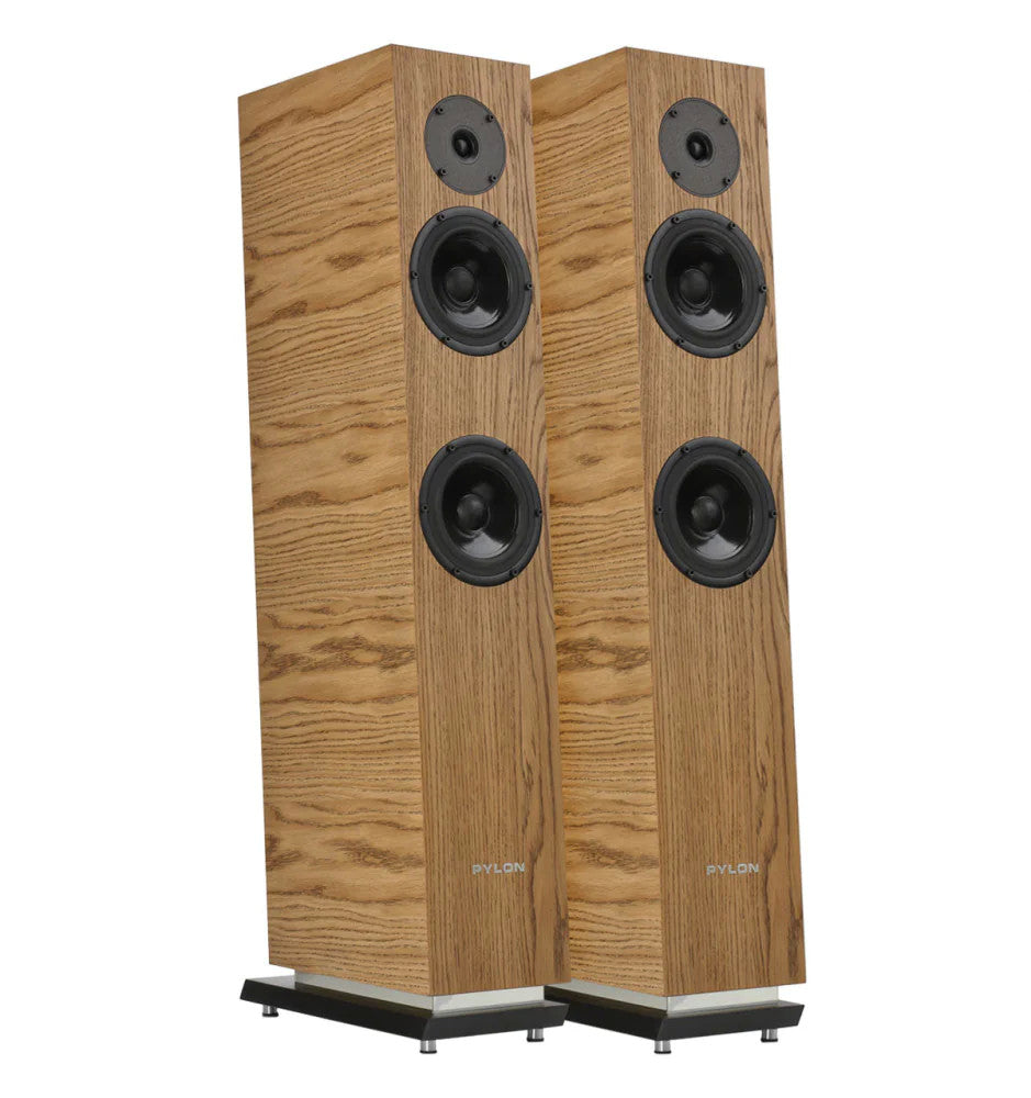 Oak-finish bookshelf speakers with black tweeter and dual woofers, pair on stands
