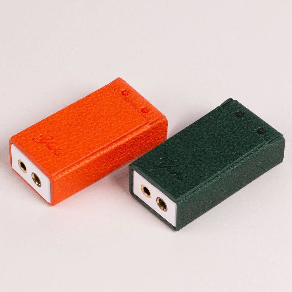 Protective case for USB DAC with amp, orange and dark green, port openings