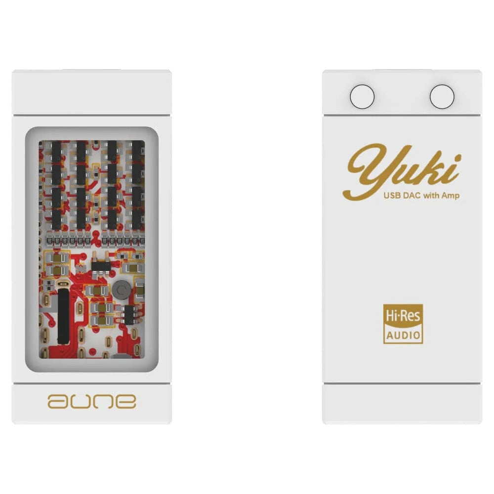 USB DAC with amp, white device with circuit board window and 'Yuki' Hi-Res Audio text