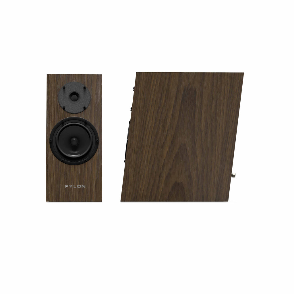 Pylon Audio Diamond 15MKII bookshelf speaker pair, one front view and one rear view.