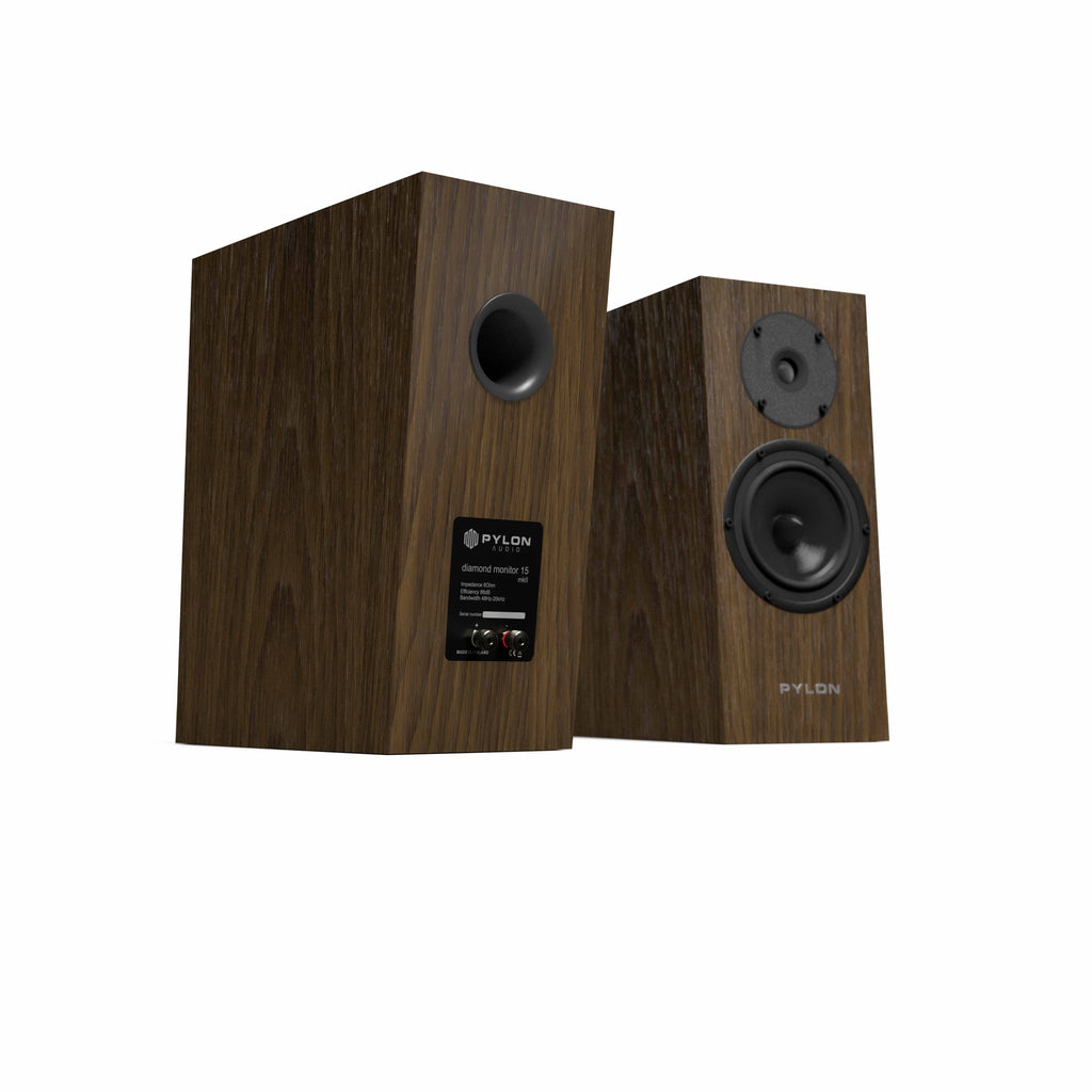 Pylon Audio Diamond 15MKII speaker pair with side and front views, showing bass and tweeter.