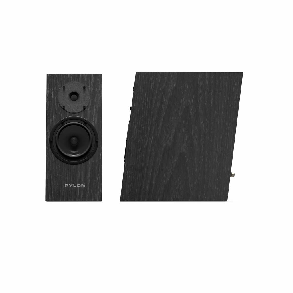 Pylon Audio Diamond 15MKII bookshelf speakers with black finish, front driver and rear panel.