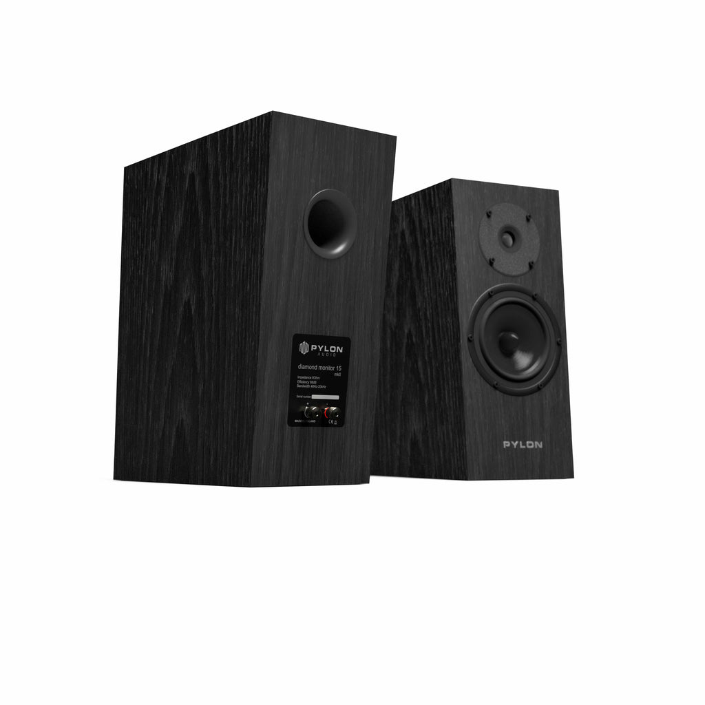 Pylon Audio Diamond 15MKII speaker pair with dark cabinets and visible crossover panel.