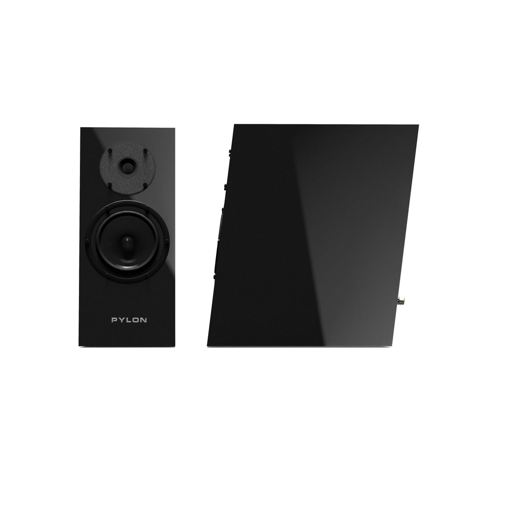Pylon Audio Diamond 15MKII speaker pair with black front and side panels, rear-right view.