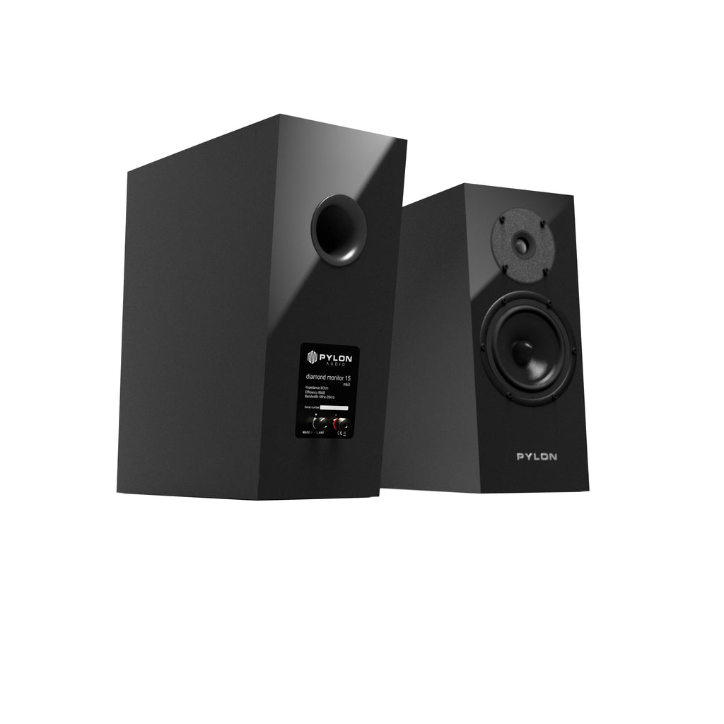 Pylon Audio Diamond 15MKII speaker pair with black cabinets and front driver layout.
