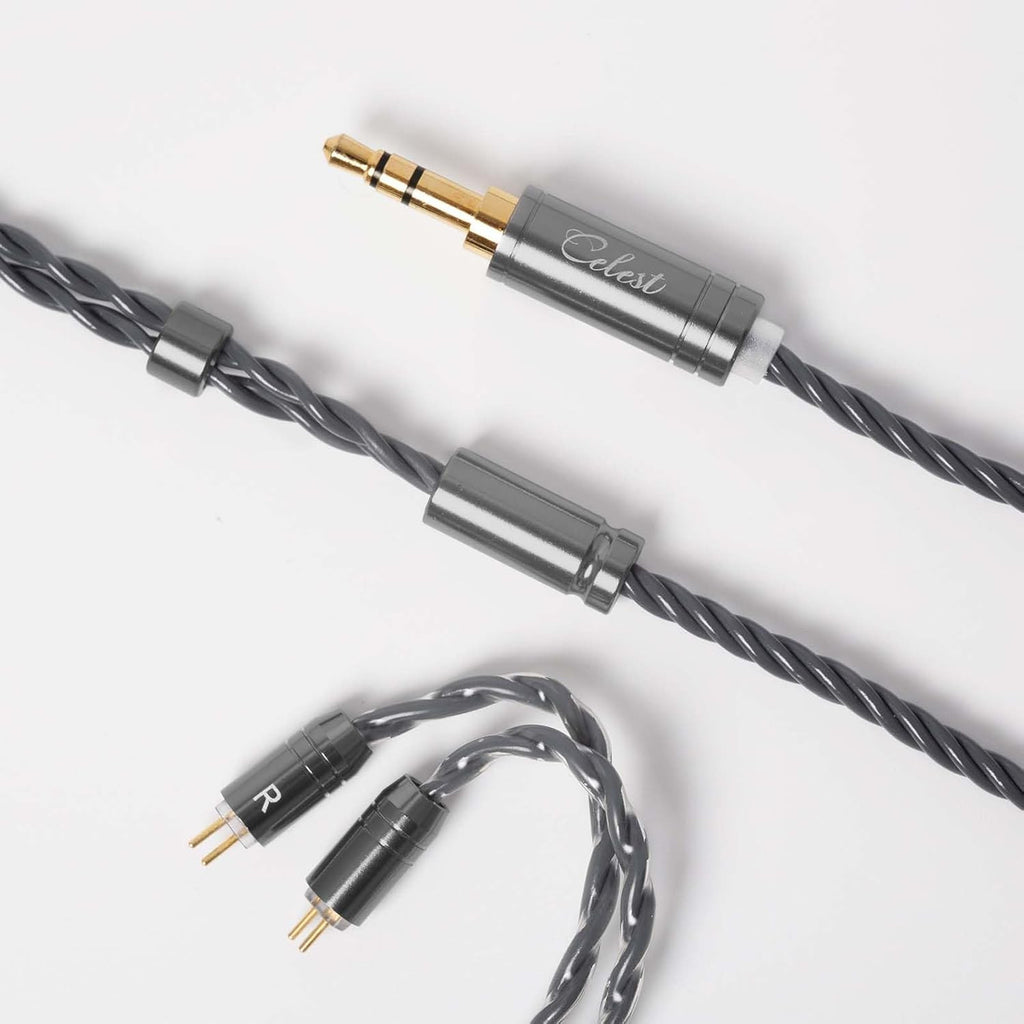 Braided silver-gray earphone cable with gold-plated 3.5 mm plug and split