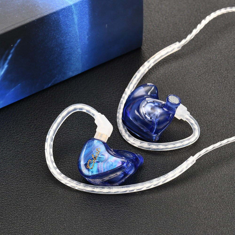 Blue in-ear monitor earbuds with clear cable and transparent blue ear shells