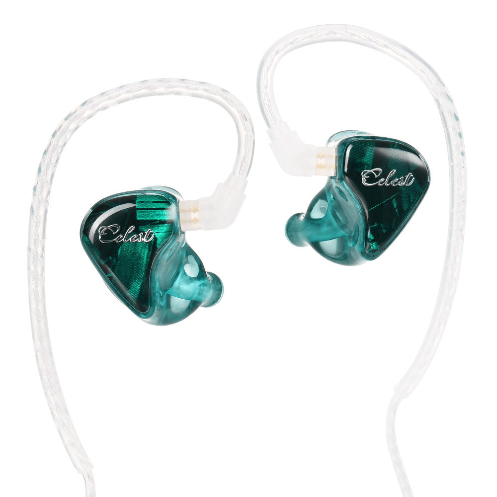 Green in-ear monitor earbuds with clear cable and transparent teal ear shells