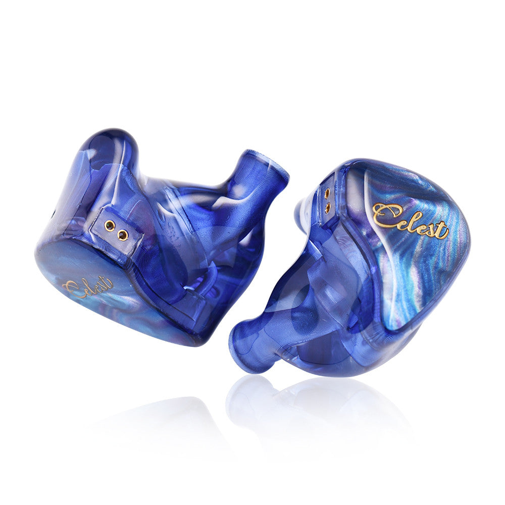 Blue in-ear monitor earbuds with reflective transparent shell and gold details