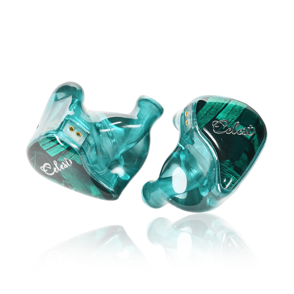 Teal green in-ear monitor earbuds with reflective transparent shells
