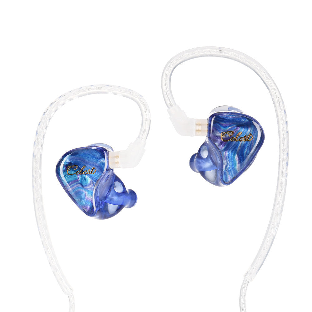 Blue in-ear monitor earbuds with clear cable and transparent blue ear shells