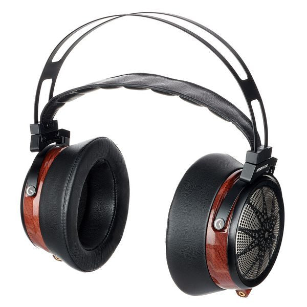 Over-ear headphones with black cushions, wood-accent rings, and mesh grille on both cups