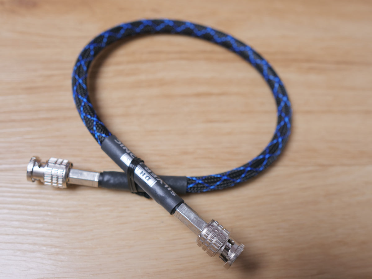 0.5m BNC to BNC coax cable with blue braided jacket and silver connectors