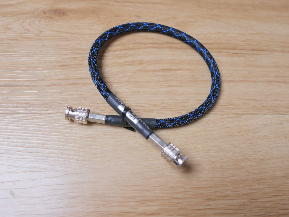 0.5m blue braided BNC to BNC coax cable, two silver male BNC connectors
