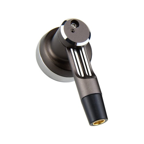 Wired earbud with metallic housing and black cable, 3.5mm gold-plated end