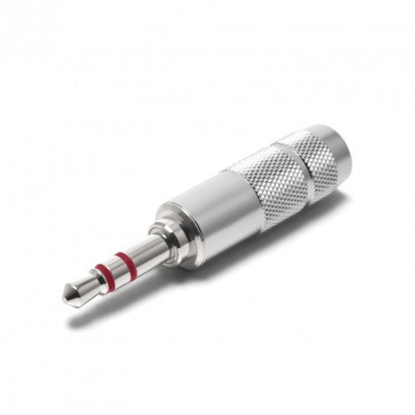 3.5mm audio plug with metal body and knurled grip, red and white ring accents