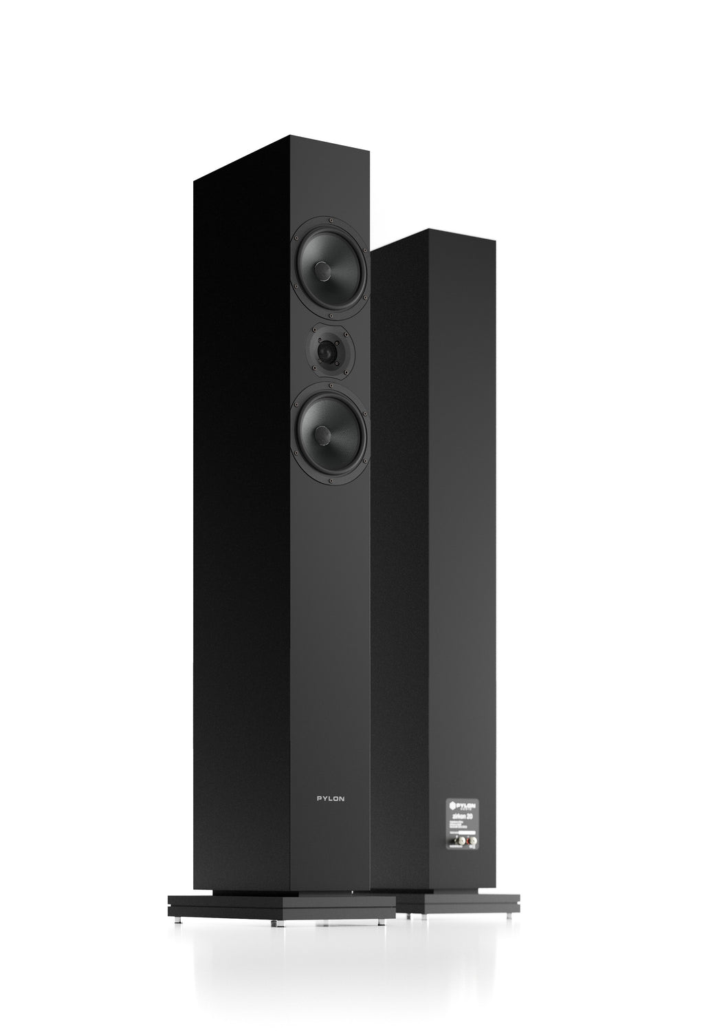 Black floorstanding loudspeaker pair on stands, front driver array and side panel visible