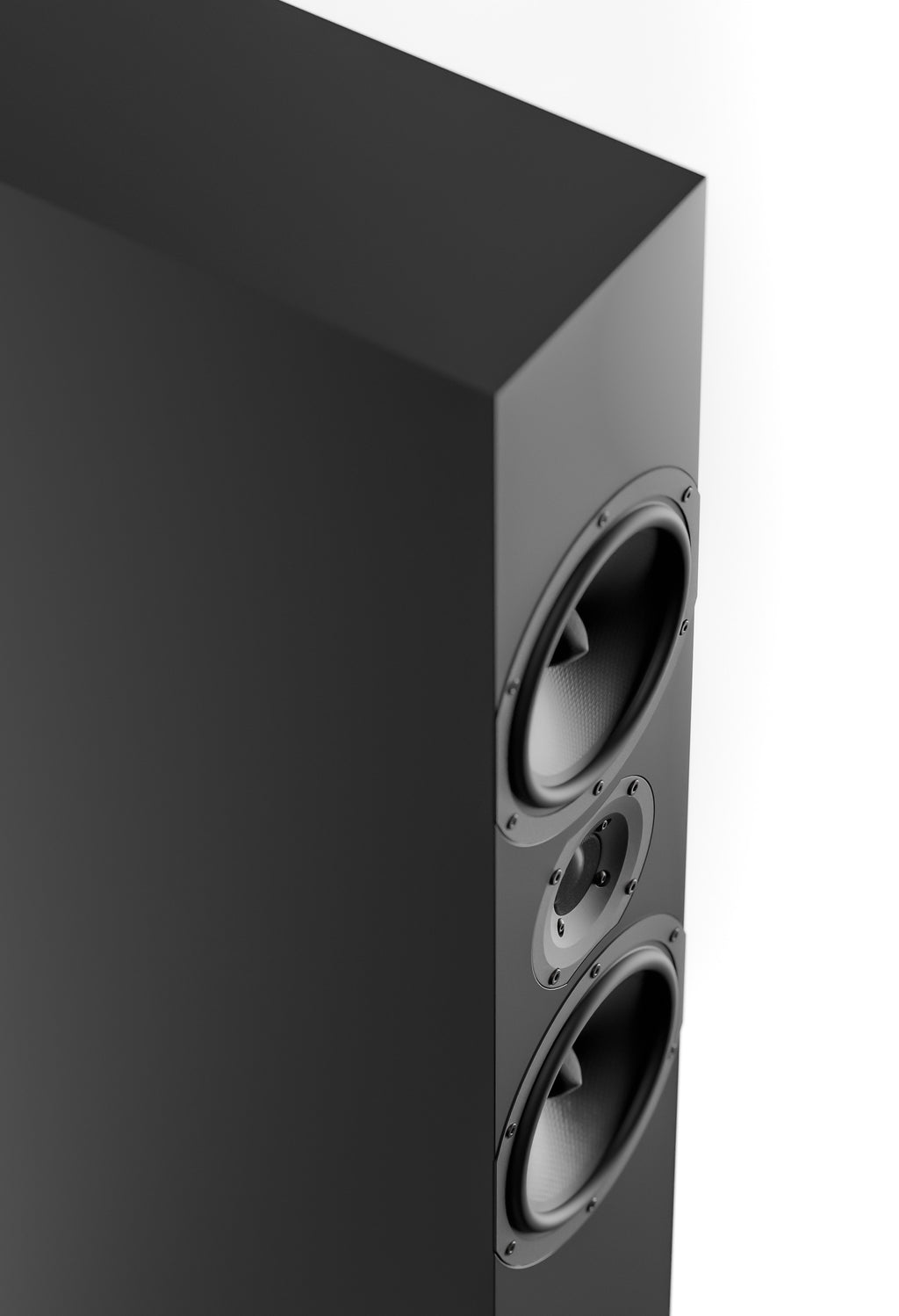 Close-up of black floorstanding loudspeaker cabinet with two front drivers