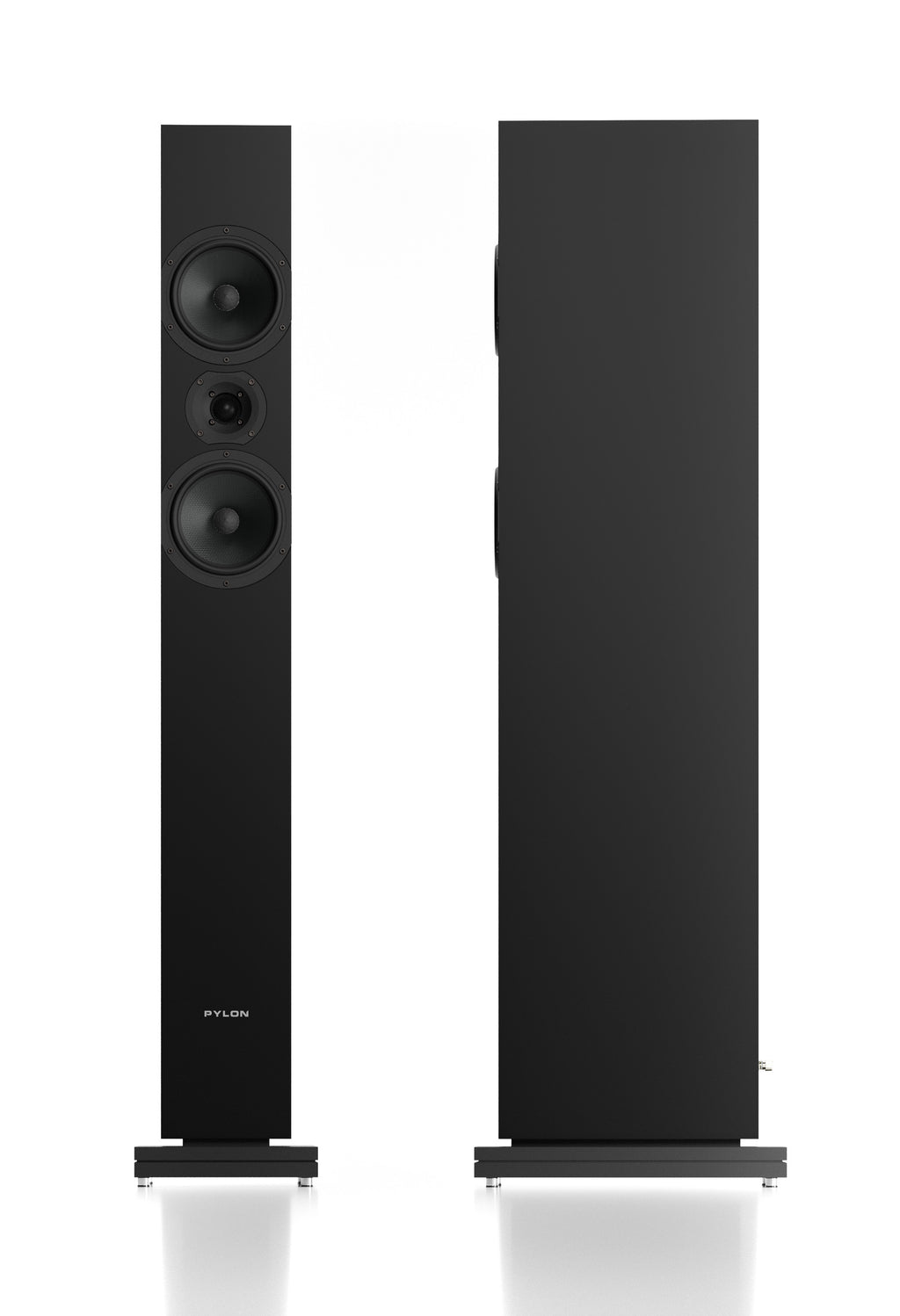 Black and black floorstanding loudspeaker pair, front and rear sides shown side-by-side