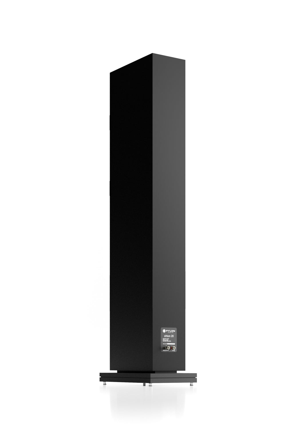 Black floorstanding loudspeaker with front driver array and stand base, rear label visible