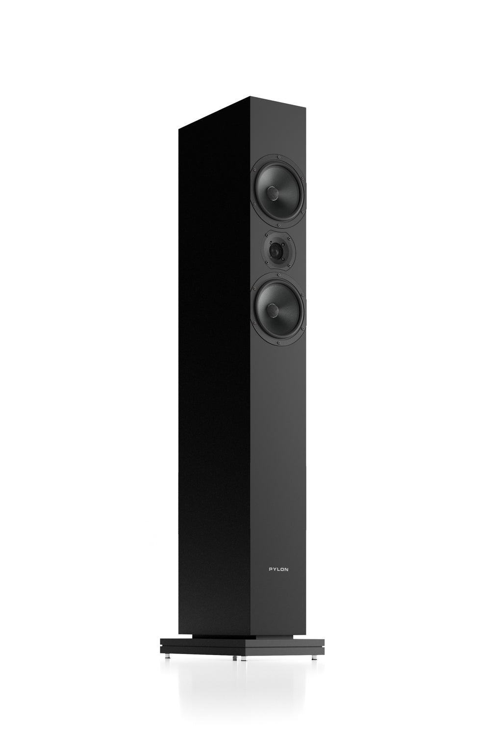 Black floorstanding loudspeaker showing front and side panels with three visible drivers