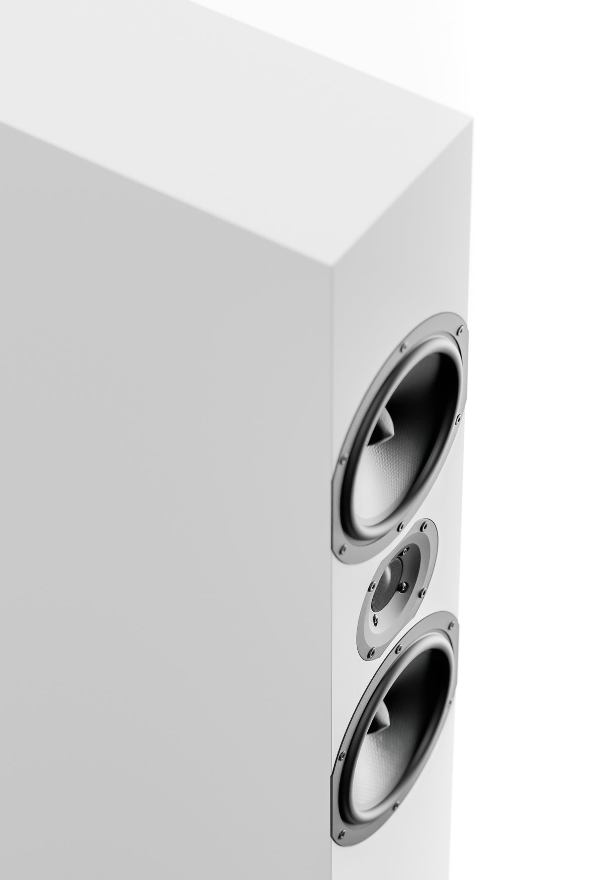 Close-up of white floorstanding loudspeaker cabinet with two front drivers and tweeter