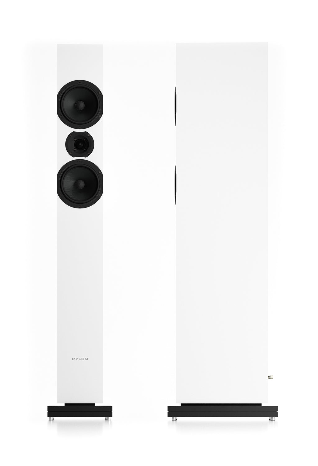 White floorstanding loudspeaker pair, front view with three drivers and stand base