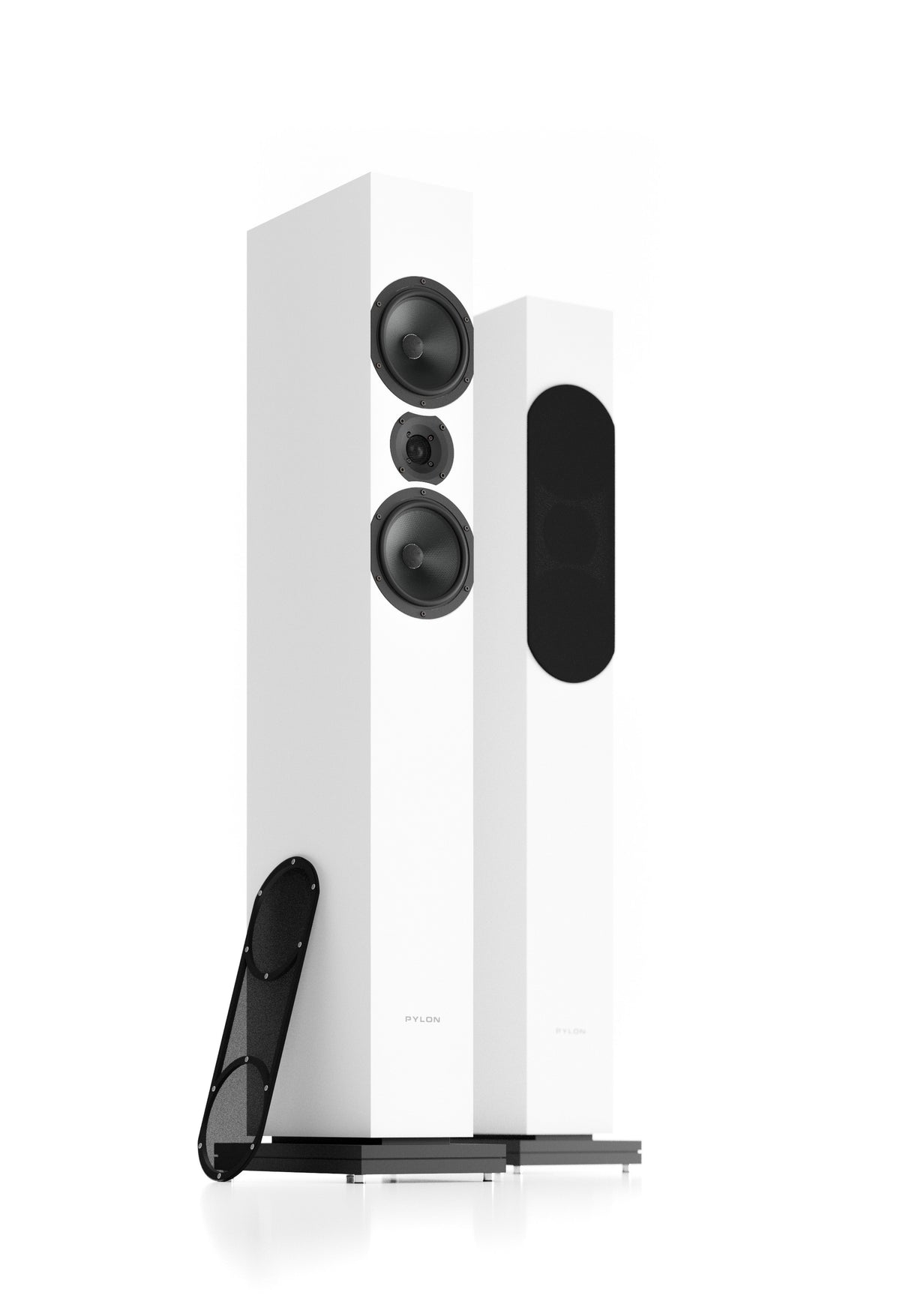 White floorstanding loudspeaker pair with black front grille, side view on stands
