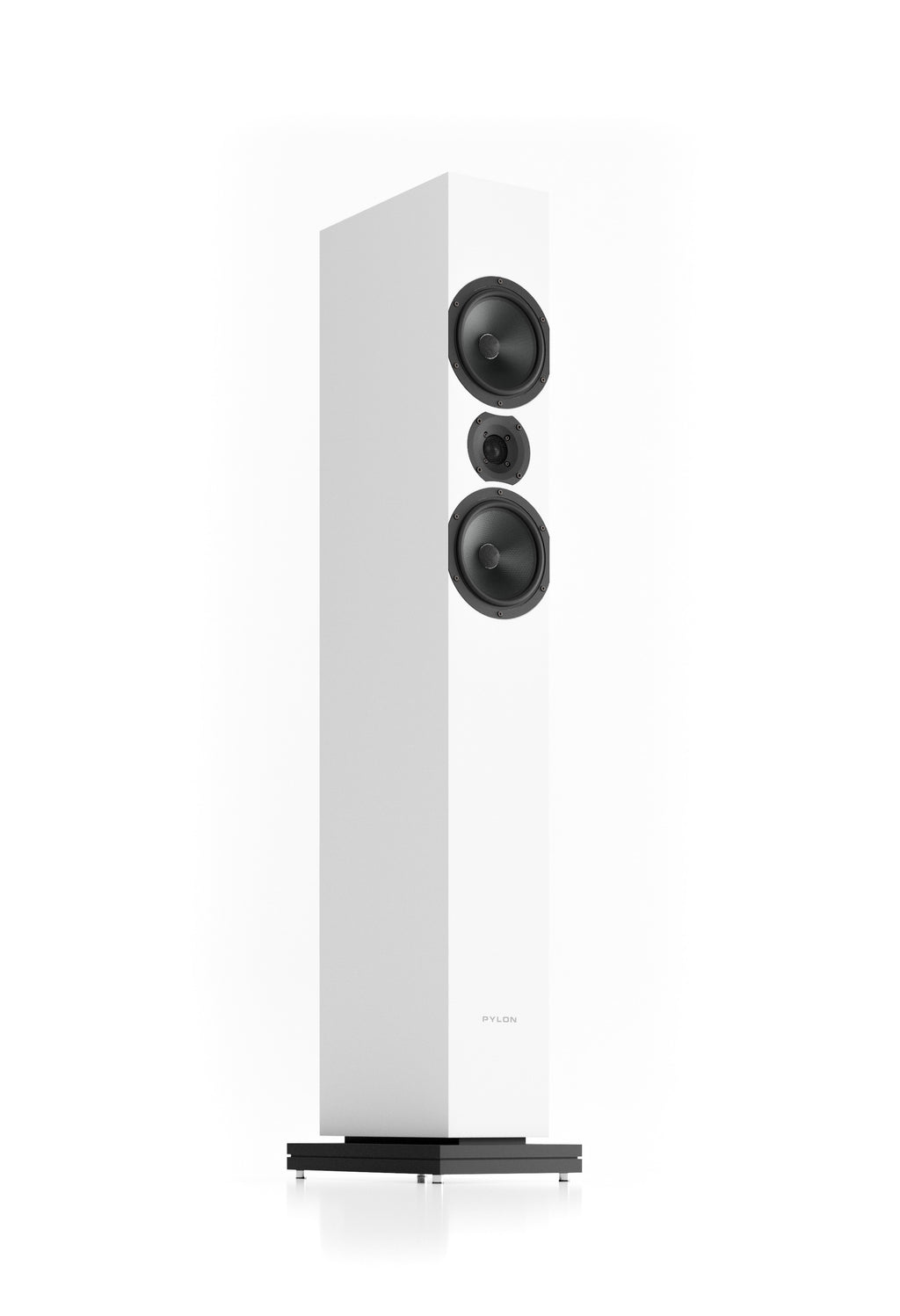 White floorstanding loudspeaker with three front drivers and stand base, front view