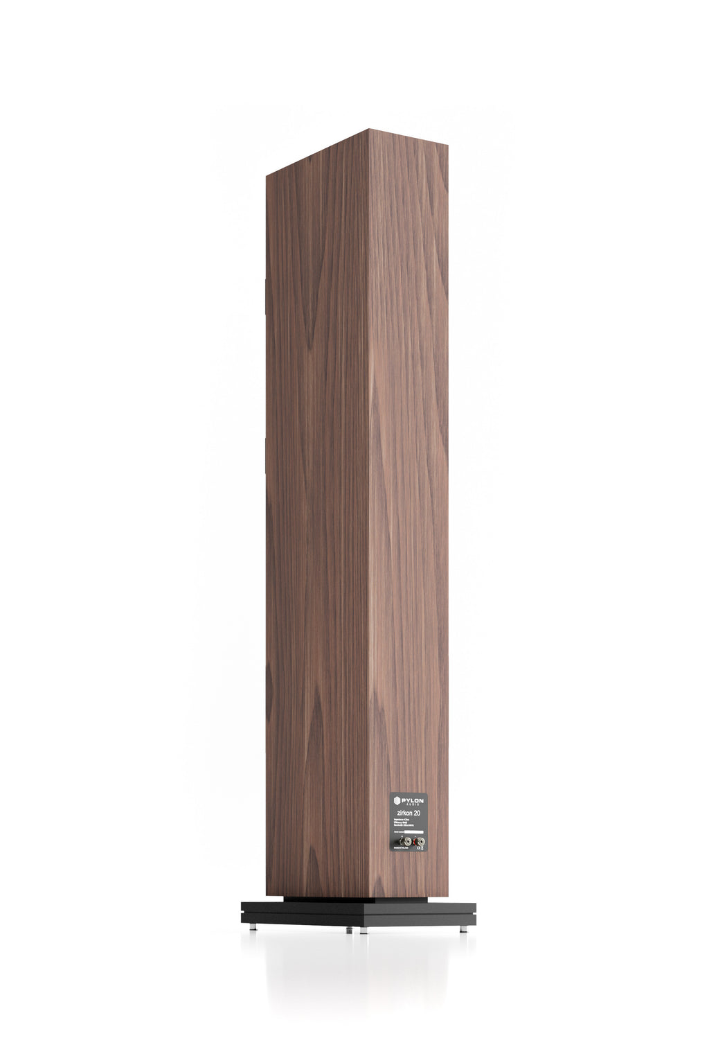 Walnut-finish floorstanding loudspeaker with three visible drivers on the front baffle